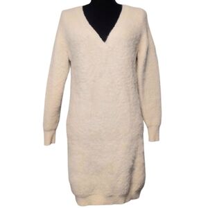 e by e greis Women's Cream Fuzzy Sweater Mini Dress V-Neckline Size Small